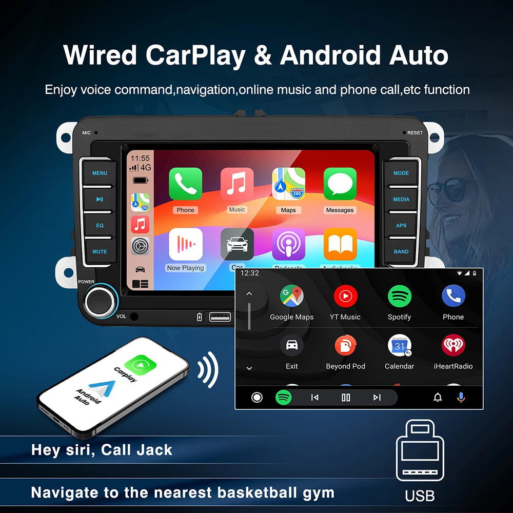 7" 2 Din HD Car Media Video RDS Airplay Car Radio CarPlay Android Auto Stereo Audio For Volkswagen/Seat/Skoda/Passat/Golf/Polo