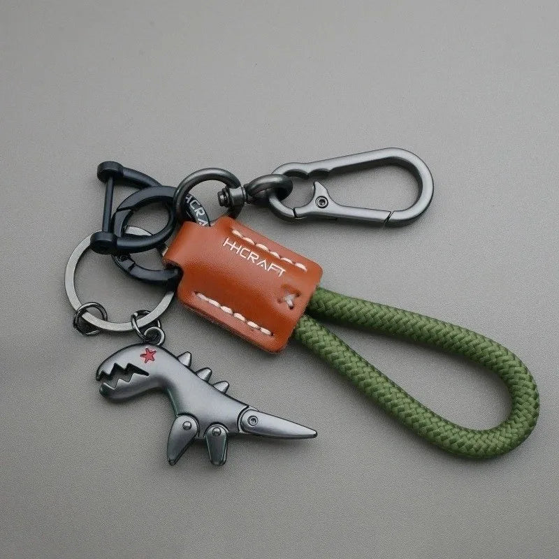 Premium Woven Leather Metal Dinosaur Keychain for Motorcycle Car Handbag Backpack Pendant Gift Accessories with Bracelet