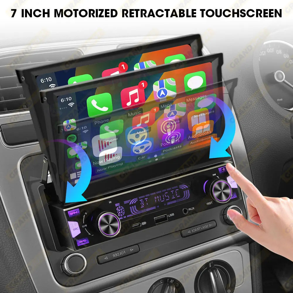 1Din 7'' MP5 Radio Player Automatic Retractable Screen Wireless Carplay Android Auto Multimedia FM AM RDS USB Type-C Car Stereo