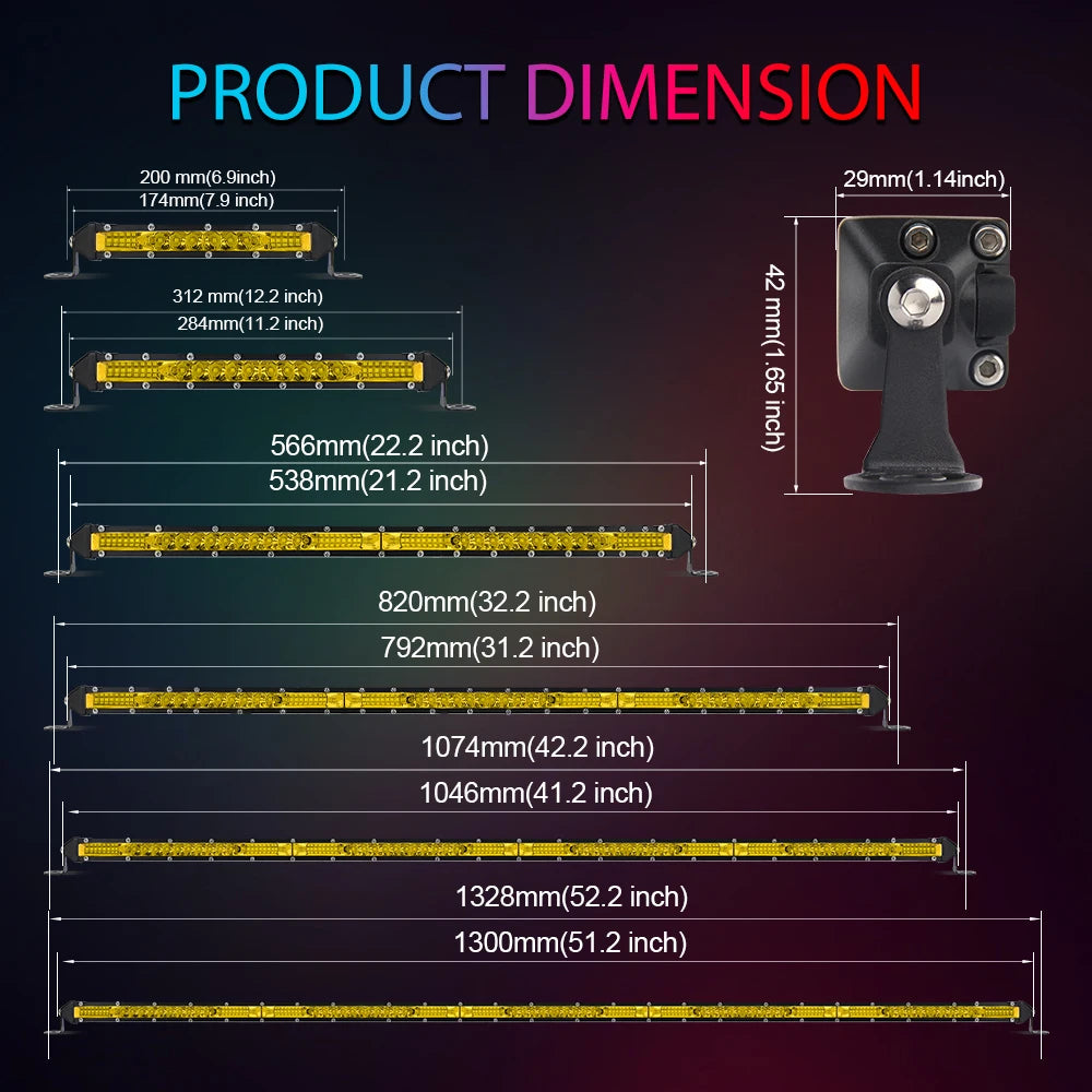 UNISHINE Single Row LED Light Bar 12V 24V 10-50inch Spot Flood Combo Beam LED Work Light Yellow Fog Lamps For 4X4 Trailer Auto
