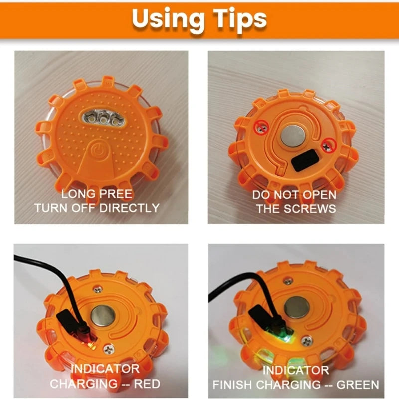 Rechargeable LED Road Flares Roadside Emergency Lights For Vehicles Flashing Flare Beacon Disc Magnetic Base&Hook USB-C Cable