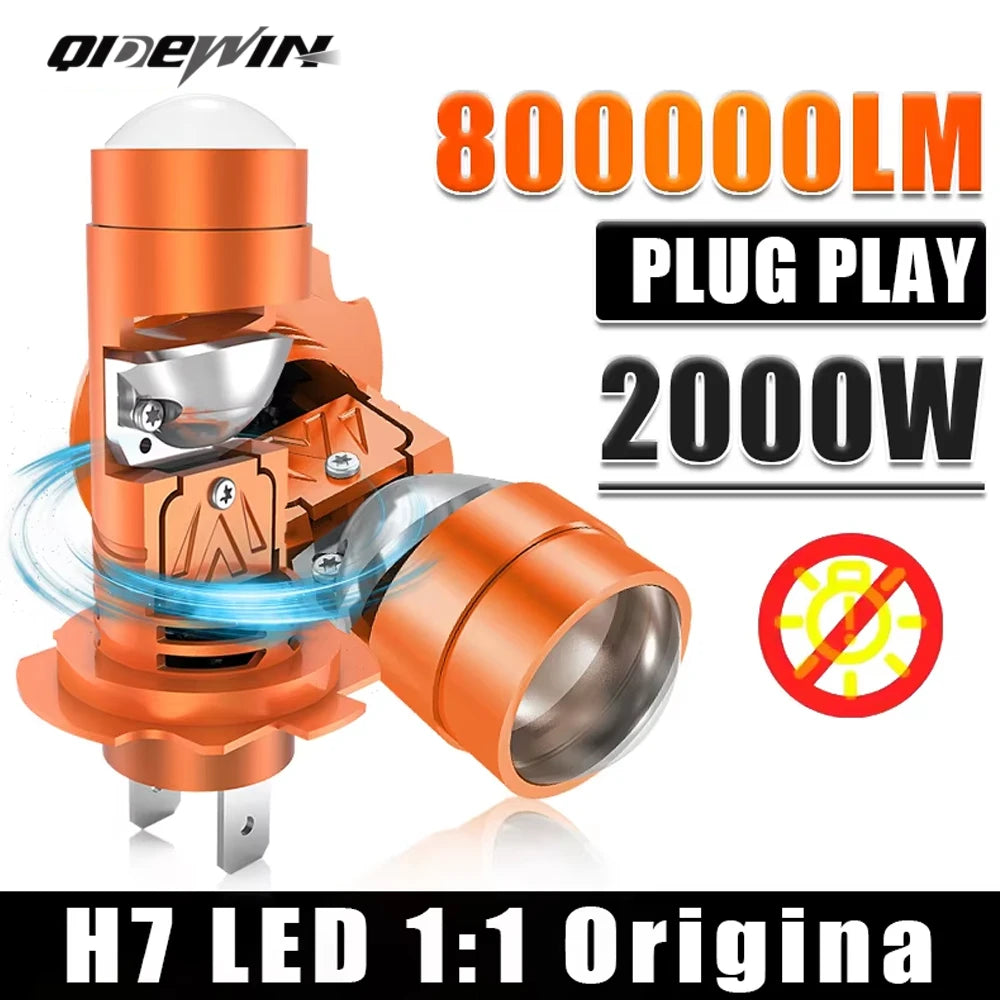 Mini H7 Led Headlight Lamp CANBUS 3 Colors Projector Lens Bulb Hi/Low Beam 800000LM 2000W Auto Headlamps 6000K White Plug&Play