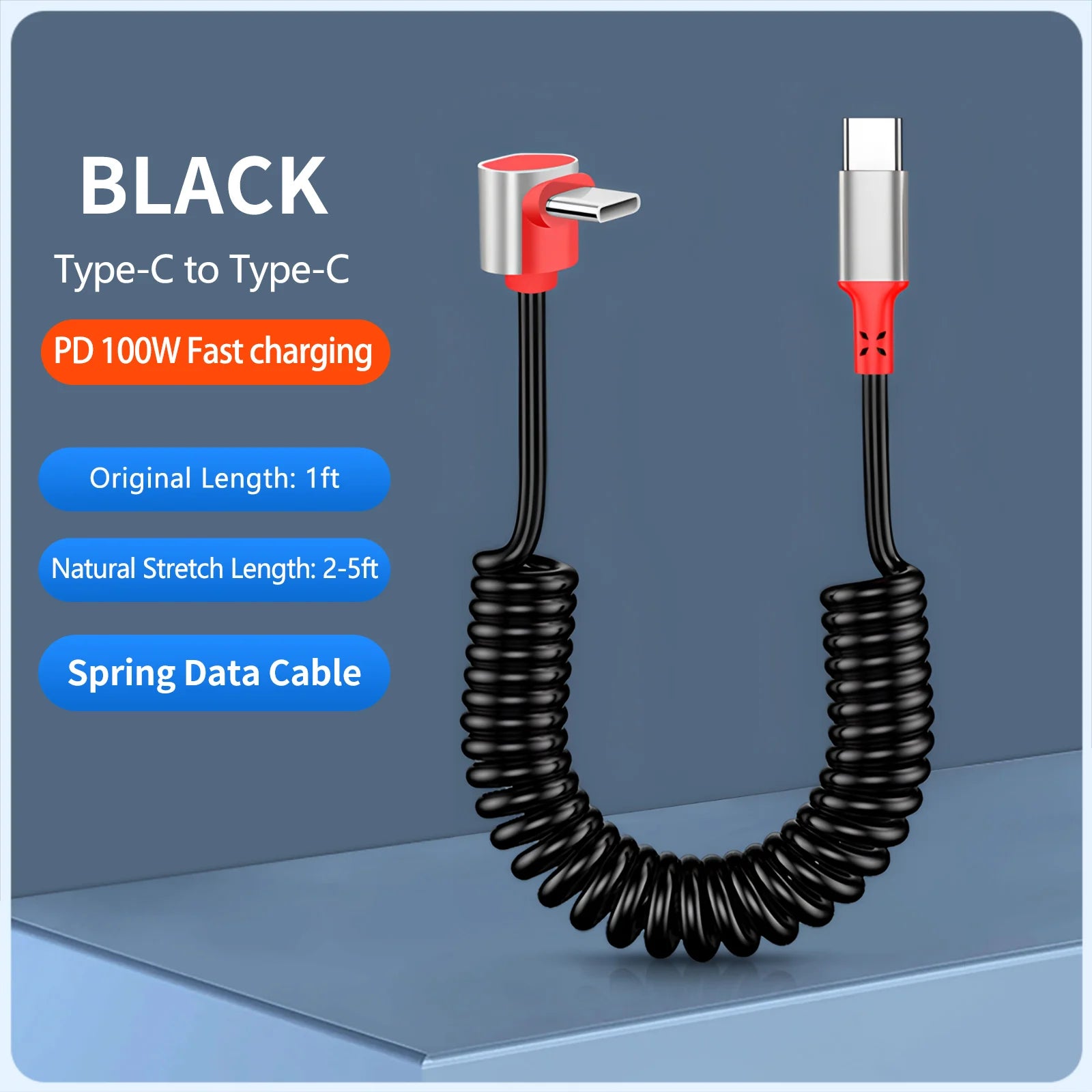 Elbow USB-C Retractable Spring Data Cable: Supports fast charging, compatible with iPhone 15/16 Pro Max,CarPlay &Carlife+