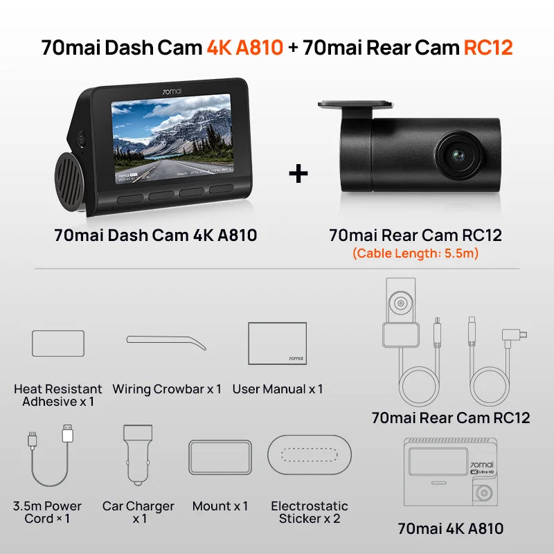New 70mai Dash Cam A810S 4K HDR GPS ADAS Auto Record Dual-Channel Motion Detection 4G LTE Support Car DVR 70mai A810S 70mai A810