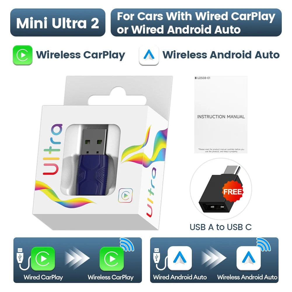 Mini Ultra 3 CarlinKit 5.0 Wireless Adapter Wireless CarPlay Android Auto For OEM Car Plug & Play WiFi Bluetooth Auto Connection