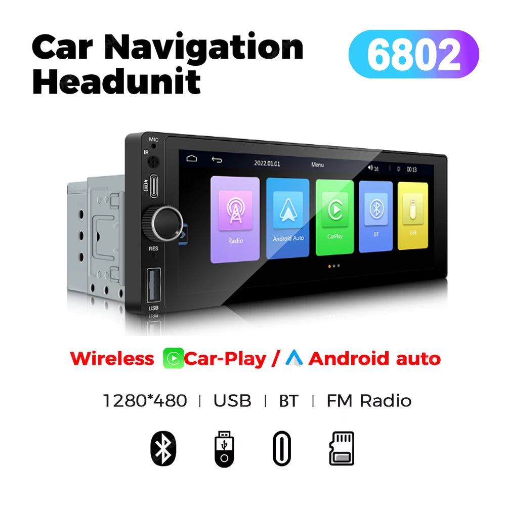 Universal 1 Din Android 6.86 Inch HD Touch Screen Wireless CarPlay Auto Car Radio Multimedia Video Player GPS FM