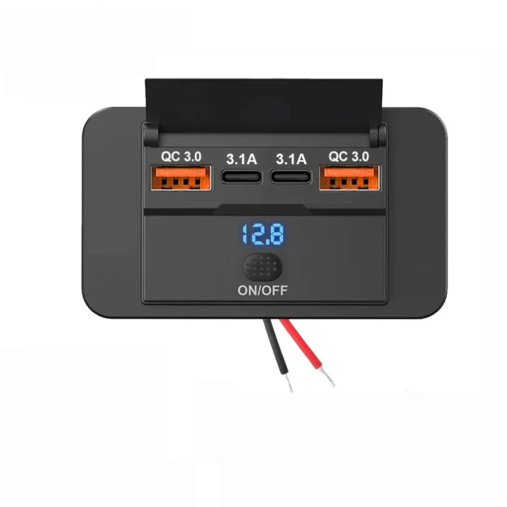 12/24V Car USB Adapter Socket Panel Wall Mount Dual PD3.0 & Dual QC3.0 Fast Charging Outlet Waterproof Car Charger Accessories
