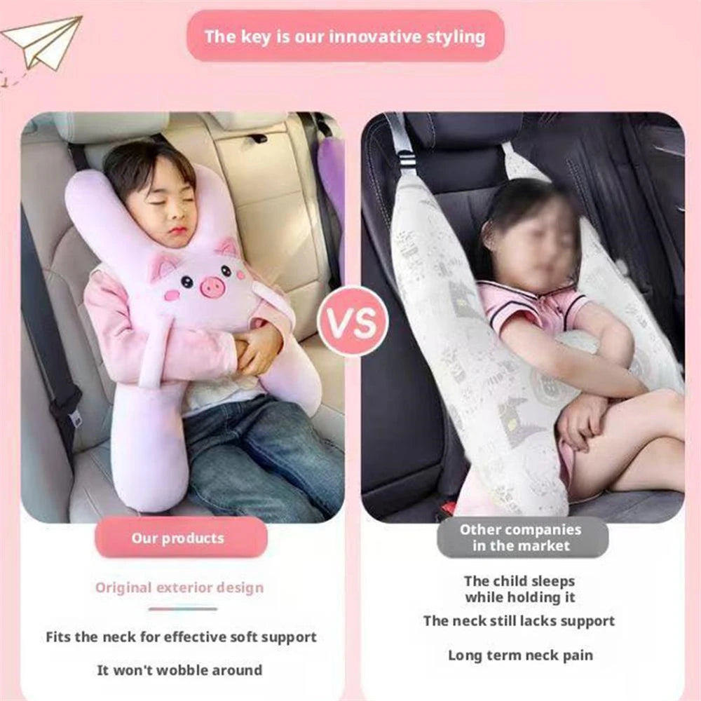 Kid Car Neck Pillow with Seat Belt Cute Cartoon Pillow Comfortable Breathable Car Mounted Child Sleeping Pillow Safety Sleep Aid