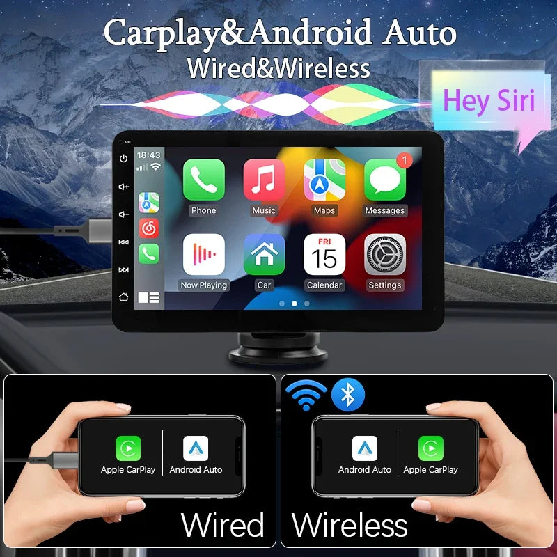 SINOVCLE 7" Portable Wireless Carplay Android Auto Car Radio Multimedia Player IPS Touch Screen AUX  USB Bluetooth Mirror Link