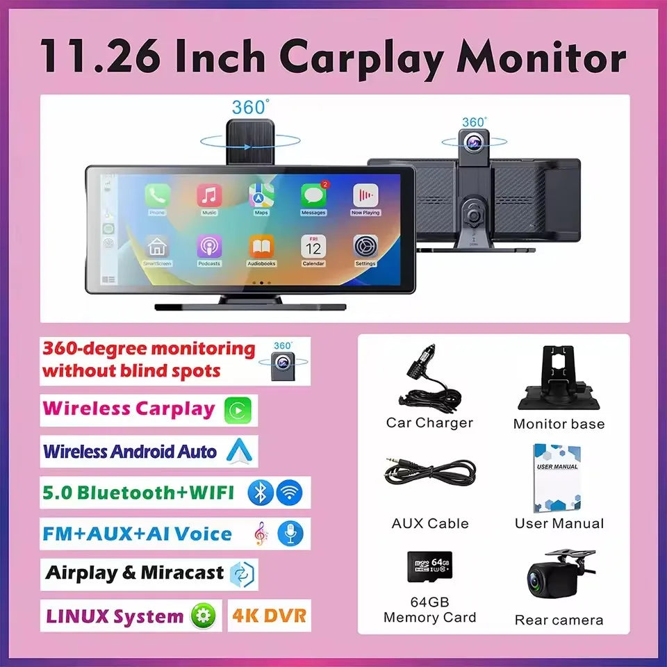 Universal Portable Wireless Carplay Screen for Car with Android Auto Touchscreen Car Stereo System