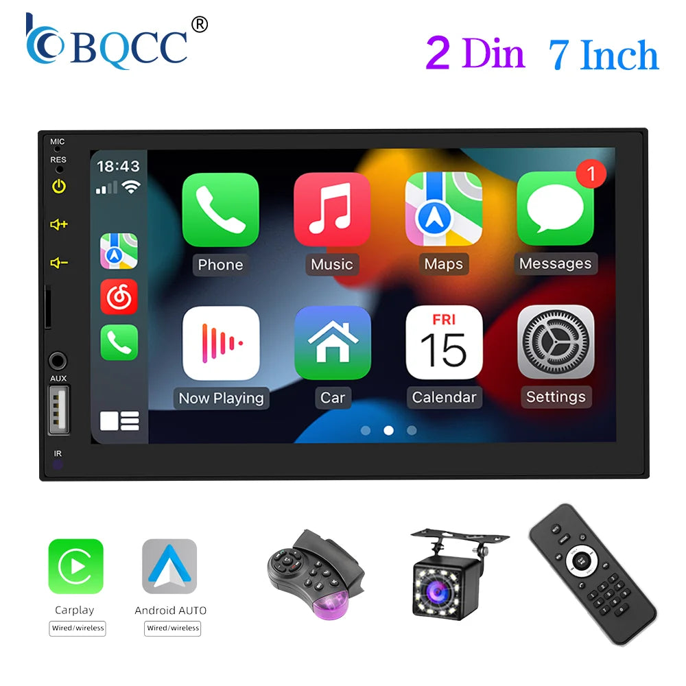 BQCC 7 Inch 1Din 2Din Car Radio Carplay Android Auto Multimedia Player HD Touch  Screen FM AUX BT MirrorLink Universal Car Audio