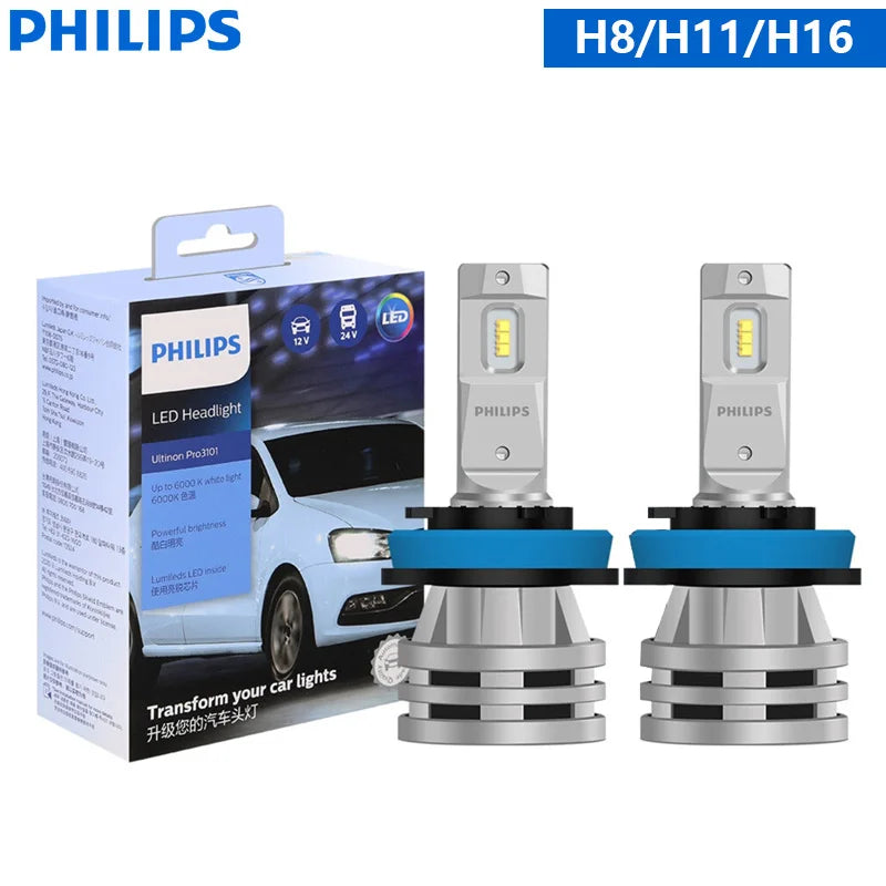 Philips LED H1 H3 H4 H7 H11 Ultinon Pro3101 12V/24V 6000K Bright White HB3 9005 HB4 9006 HIR2 9012 Auto Headlight LED Lamps, 2x