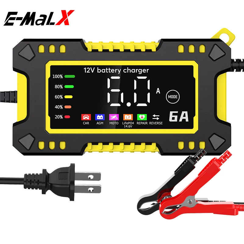 New 6A 12V Car Battery Charger Car and Motorcycle 14.6V LiFePO4 Lead Acid Battery Charger and Smart Pulse Repair Maintainer