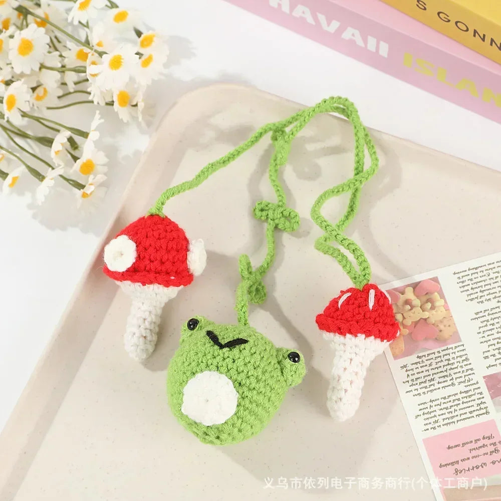 Cute Handmade Flower Knitted Pendant Strawberry Crocheted Car Decoration Rearview Pendant Bag Key Mirror Ornaments Girl Gift New