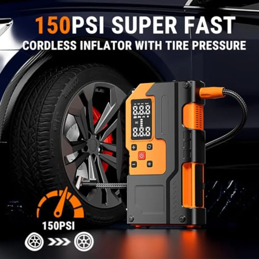 Car Battery Jump Starter with Air Compressor - 5000A 150PSI 120W Portable Car Jump Starters for All Gas Engines and 10L Diesel