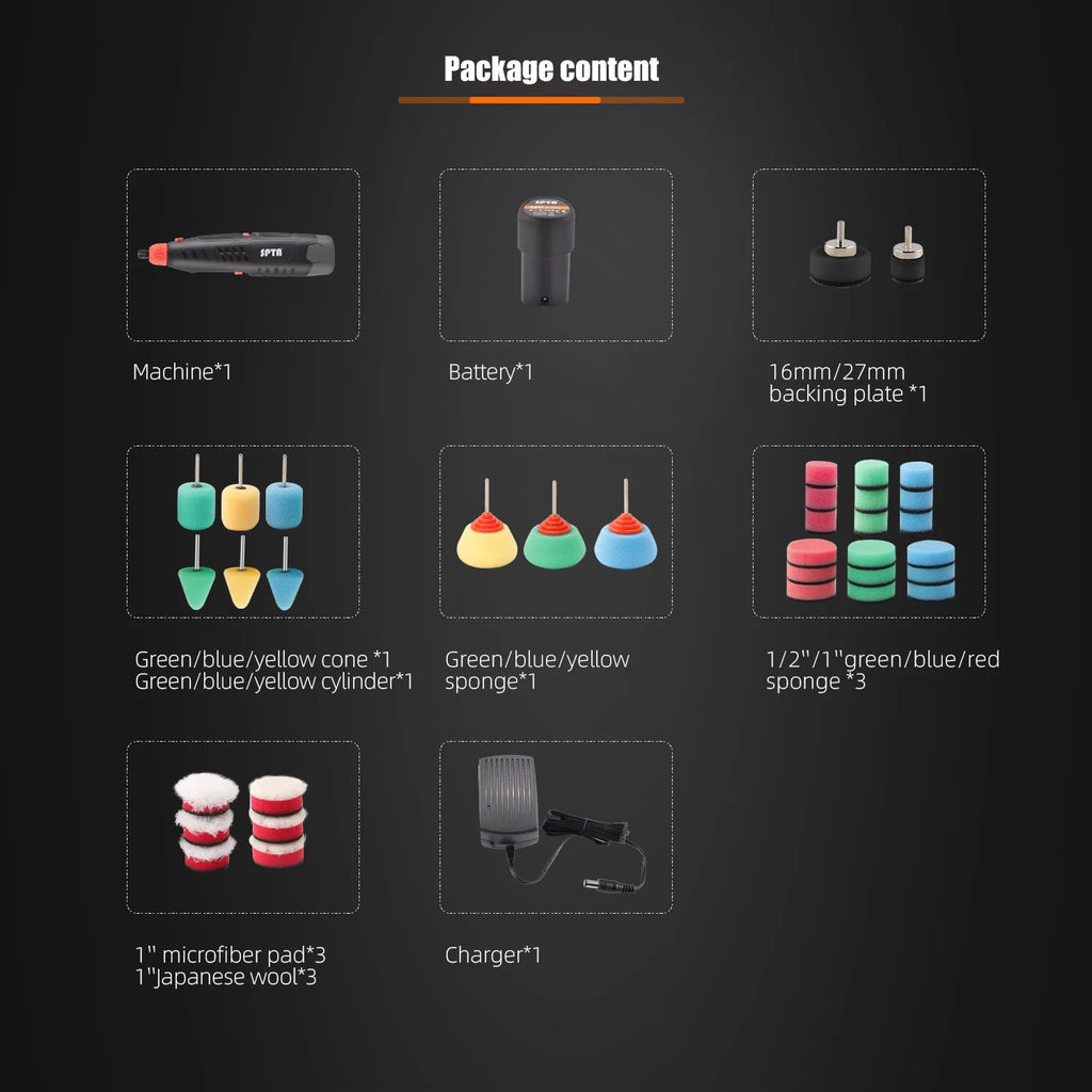 SPTA 12V Cordless Rotary Mini Car Polisher ,Car Electric Drill, 5,000-25,000 RPM Small Buffer Polisher Polishing Foam Pad Set