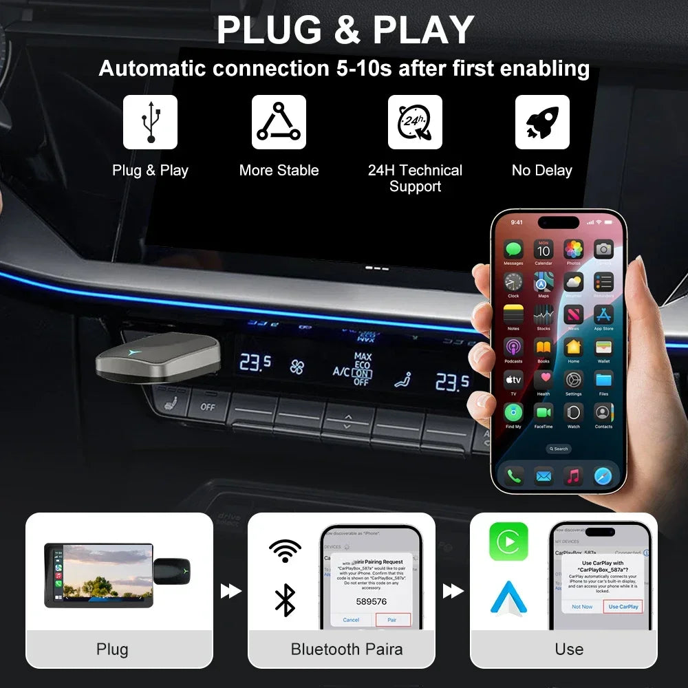2025 Wired To Wireless CarPlay Android Auto Wireless Adapter Plug and Play Fast Connect Universal for Nissan Wireless Adapter