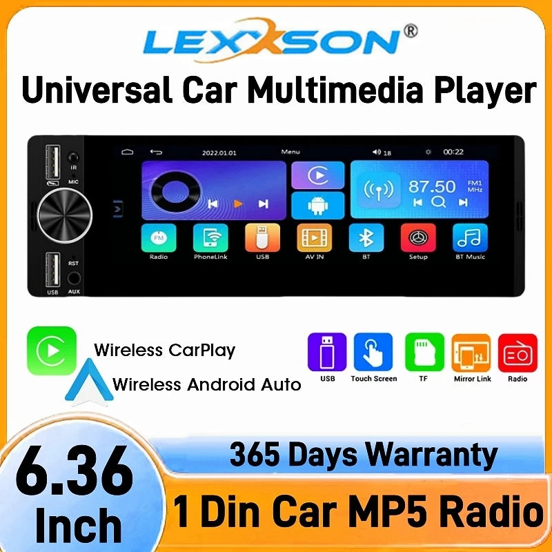 Car Radio Audio 1Din Universal 6.36 inch Car Multimedia Video Player IPS HD Screen USB/Type-C Charge Support BT FM USB AUX Cam