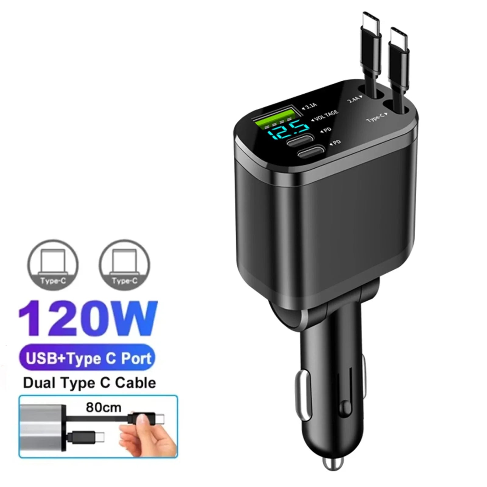 5-IN-1 Retractable Car Charger USB C Cable For IPhone Huawei Samsung Fast Charge Cigarette Lighter Adapter PD QC3.0 12V-24V