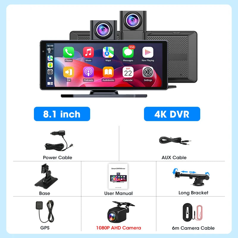 8.1 Inch Carplay & Android Auto 4K 2160P Wifi Dash Cam Rearview Camera Mirror Car DVR GPS Navigation Dual Lens Video Recorder