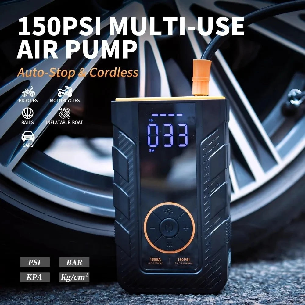 4-IN-1 Car Jump Starter with Air Compressor Peak 1500A Auto Battery Booster 150PSI Air Pump Portable Power Bank Tire Inflator