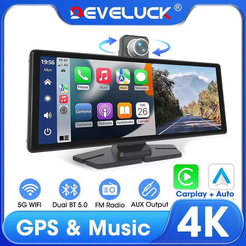 Develuck 10.26" Rotating Carplay Screen 4K Car DVR Rearview Camera Android auto Dash Cam Video Recorder GPS Navigation Dashboard