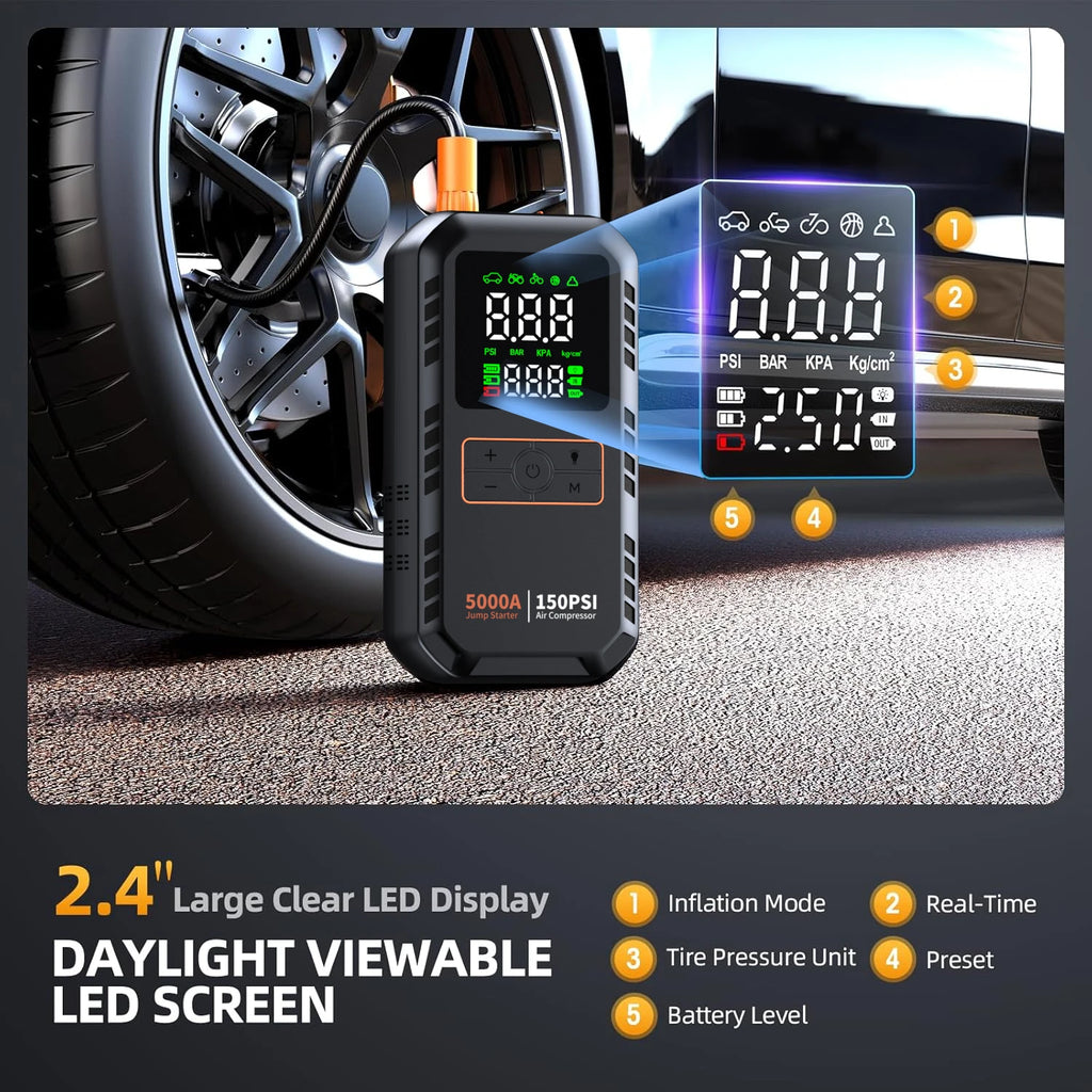 5000A 150PSI Car Jump Starter with Air Compressor Auto Tire Inflator, Large LCD Display, LED Light, for Cars, Bike & Motorcycle