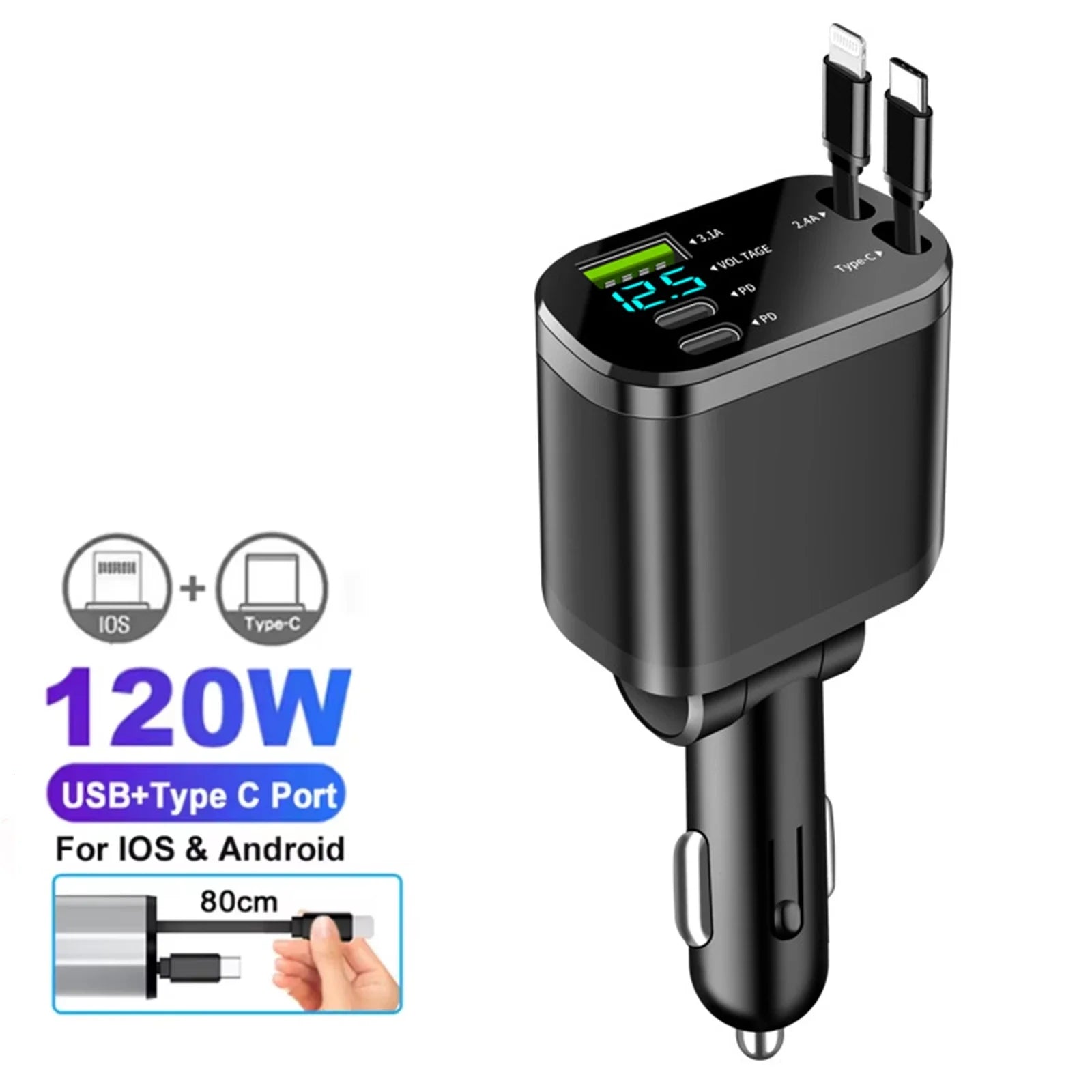 5-IN-1 Retractable Car Charger USB C Cable For IPhone Huawei Samsung Fast Charge Cigarette Lighter Adapter PD QC3.0 12V-24V
