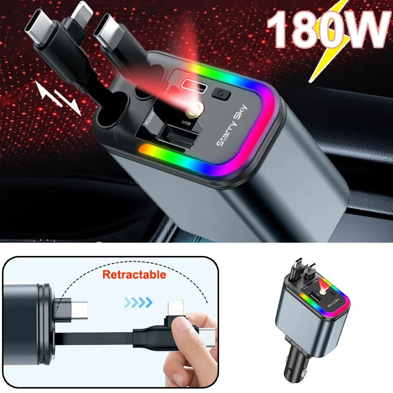 5-in-1 Car Charger PD30W+2.4A Voltage Display Super Fast Charging Retractable Cable With Roof Starlight for iPhone & Android