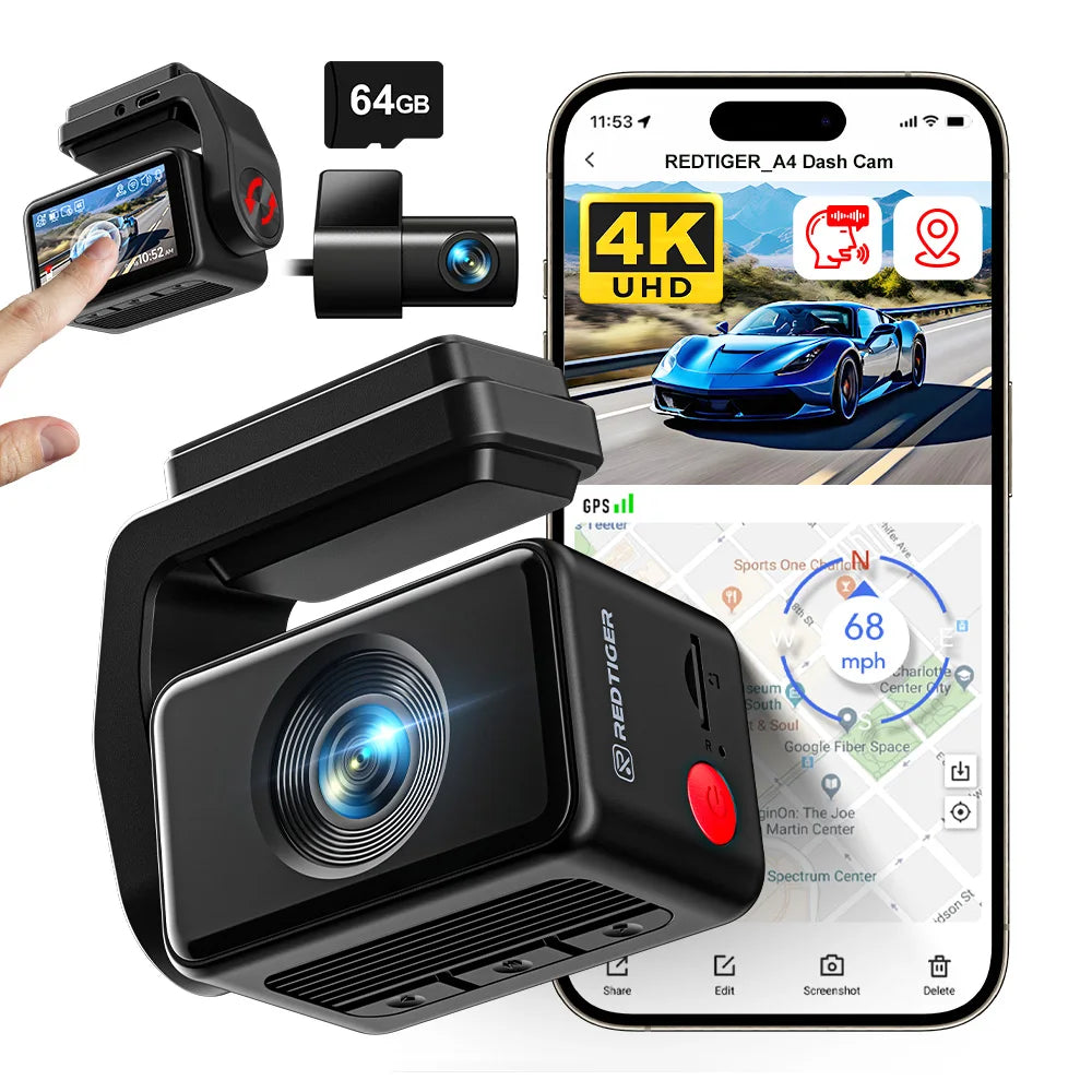 REDTIGER  A4 4k Dash Cam Front and Rear Drive Recorder GPS& 5G WiFi Touch Screen Night Vision 24H Parking Mode Voice Control