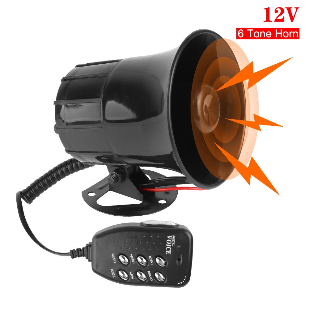 Car Warning Alarm Megaphone 120DB Loud Multi-tone Claxon Horn 6 Tone Air Horn 12V 100W Police Siren Loud Speaker Car Horn