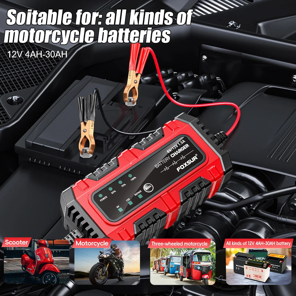 6V/12V 1.5A Multiple Protection Lead-Acid Battery Charger Car Motorcycle Battery Full Intelligent Intelligent Pulse Repair