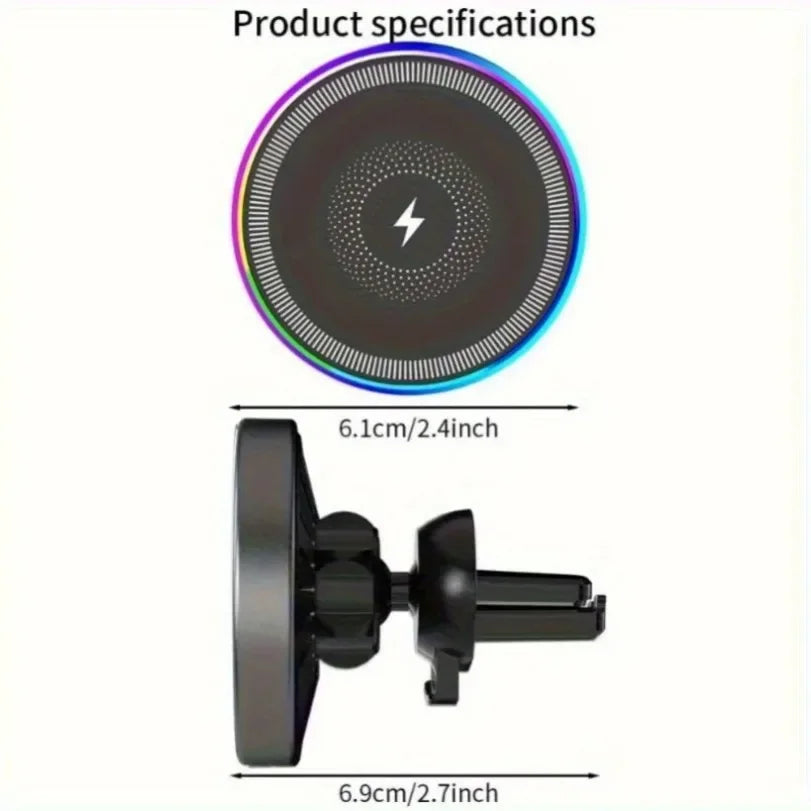 RGB Light Car Magnetic Phone Holder Air Vent Stand Wireless Charger For Magsafe iPhone 16 15 14 13 12 Pro Max Fast Charging Dock