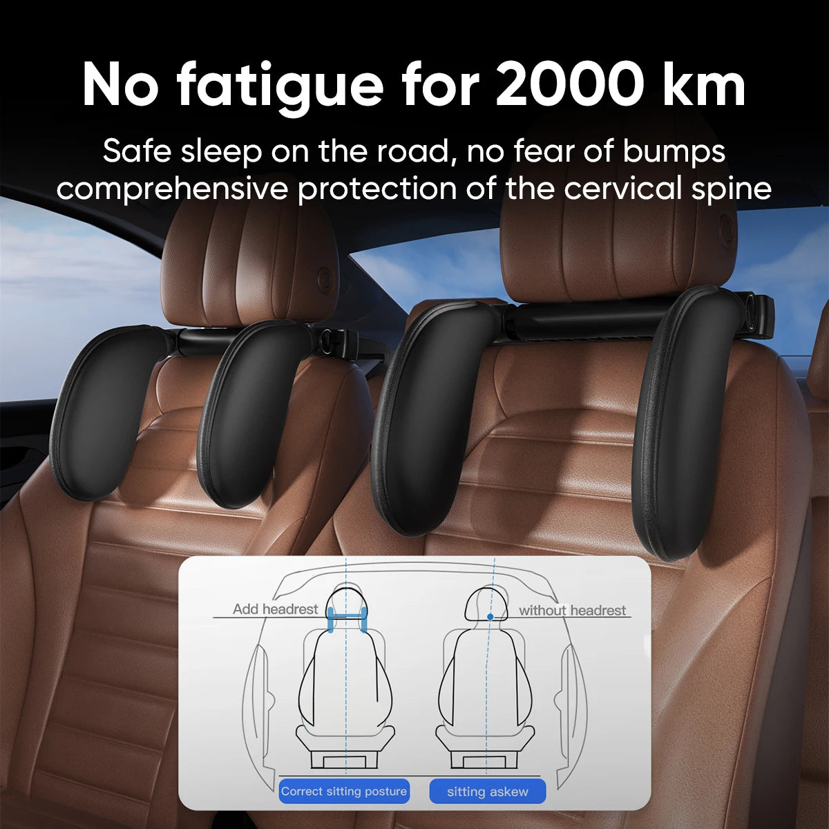 Ergonomic 360° Adjustable Auto Cervical Pillow with Memory Foam & Side Pads One-Click Sleep Headrest for Car Travel BMW Benz