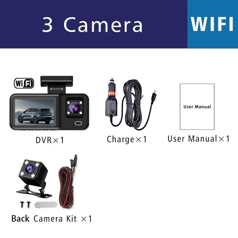 Wifi 3 Channel Camera Mini Car Dvr Dash Cam HD1080P Dash Camera Dual Len Dashcam Video Recorder Black Box 24H Parking Monitoring