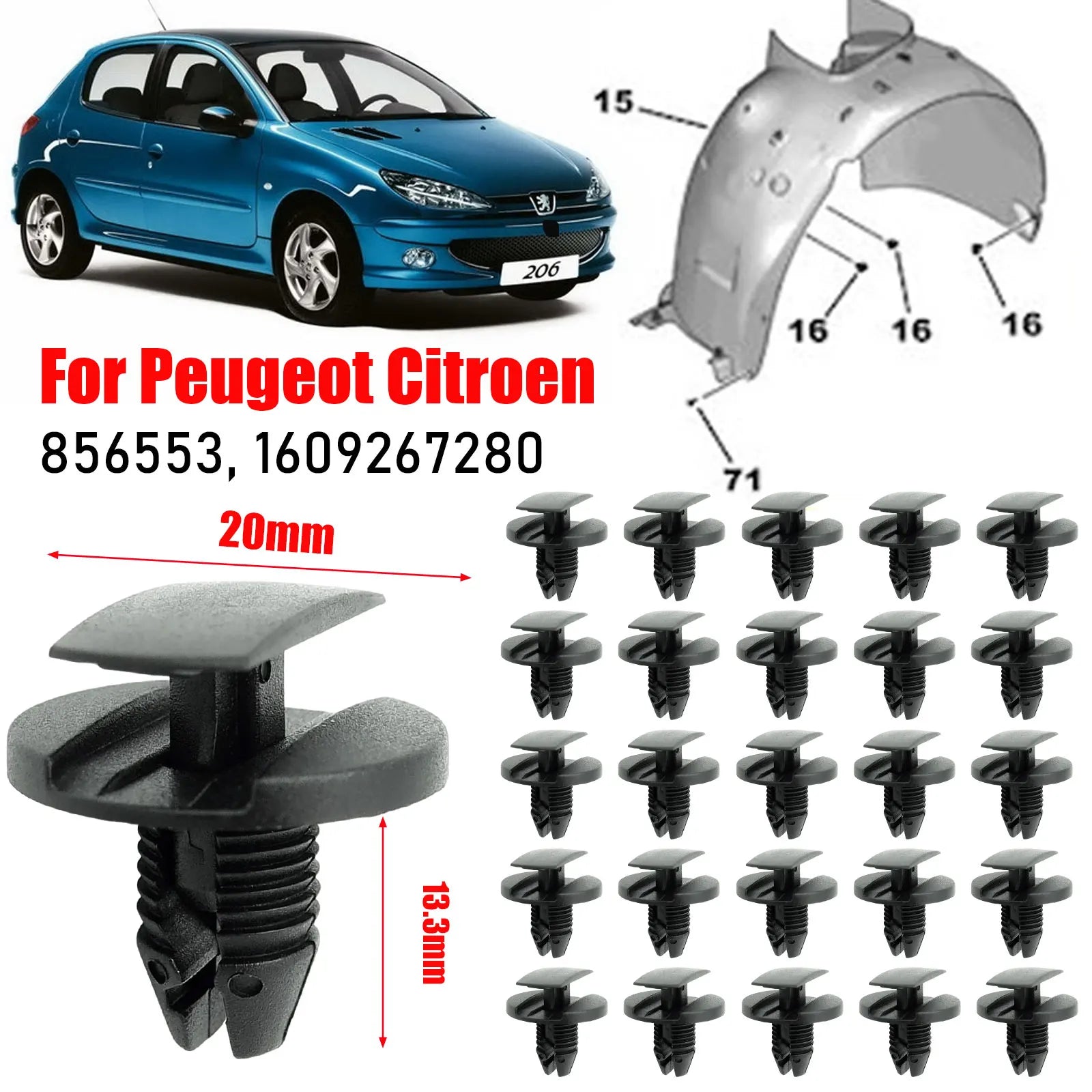 For PEUGEOT 206 207 307 308 Citroen C3 C4 C5 C6 Bumper Fender Liner Wheel Arch Mounting Trim Clip Fasteners Rivets