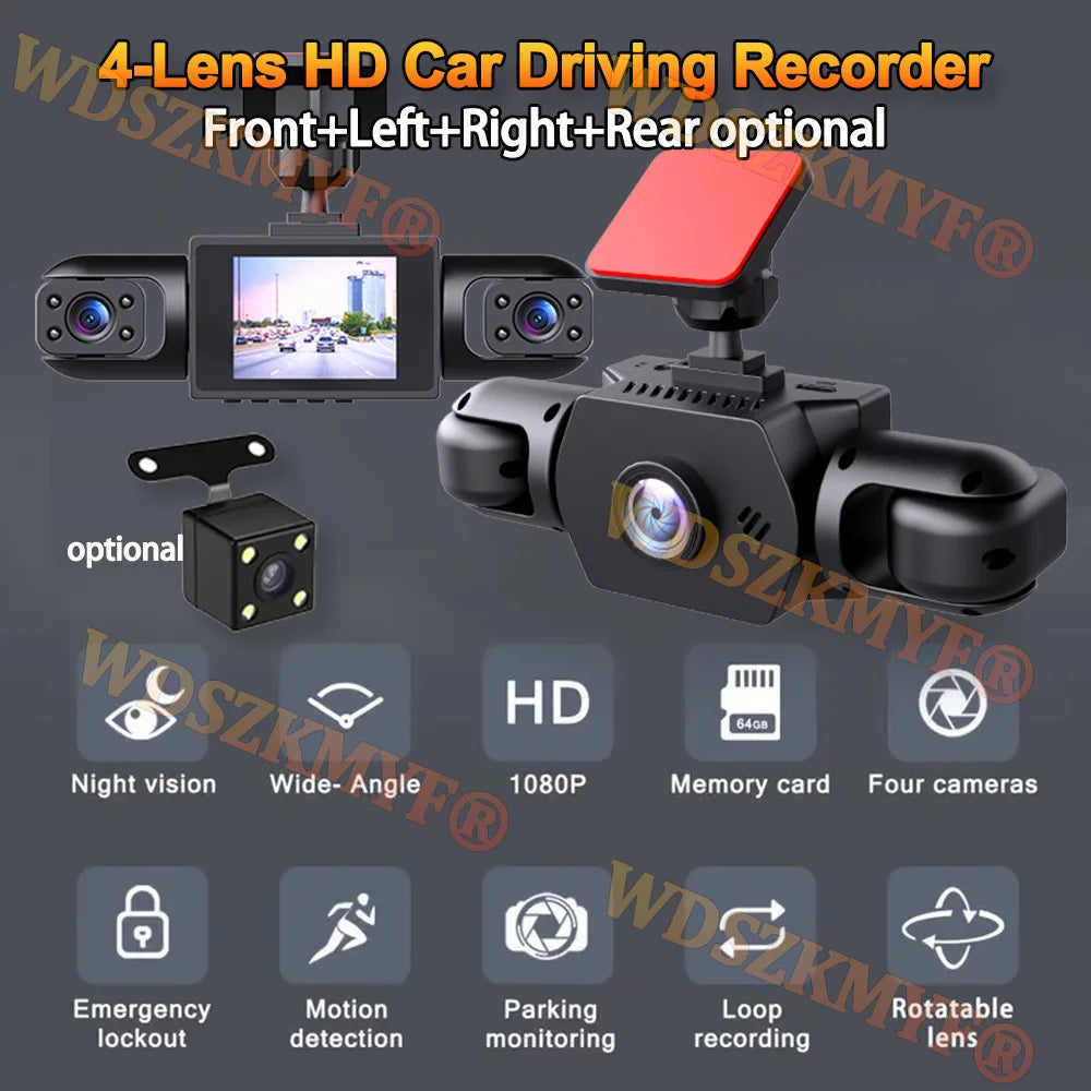 4 Channels 360° Car Dash Cam Video Recorder 1080P Car DVR 3/4 lens Front inside optional Rear View Night Vision Black Box
