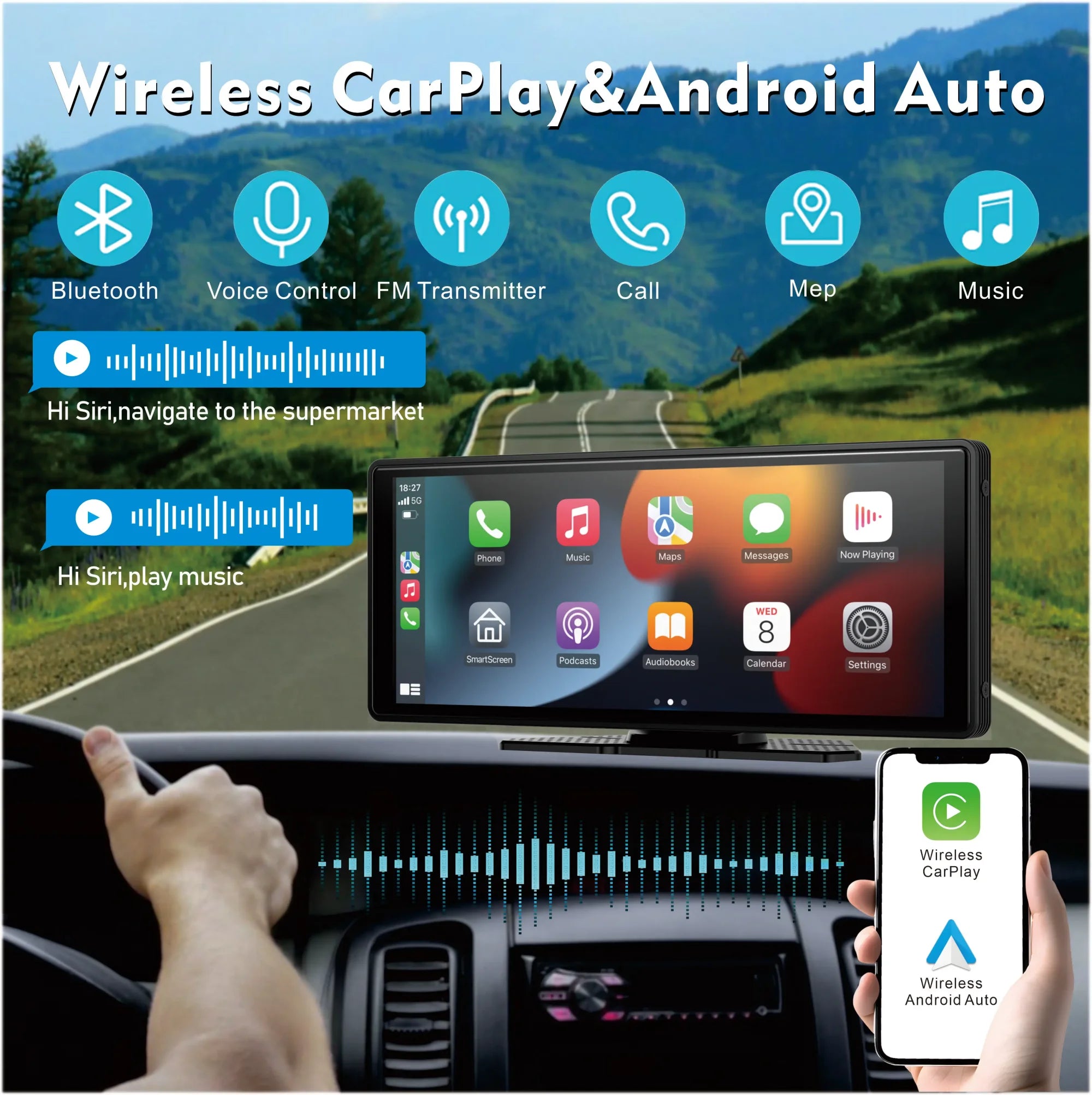 Universal Portable Wireless Carplay Screen for Car with Android Auto Touchscreen Car Stereo System