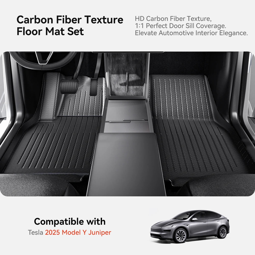 YZ For Tesla Model Y Juniper 2025 TPE Floor Mat Carbon fiber pattern Car waterproof Anti-Slip Trunk Floor Liner Backrest Mats