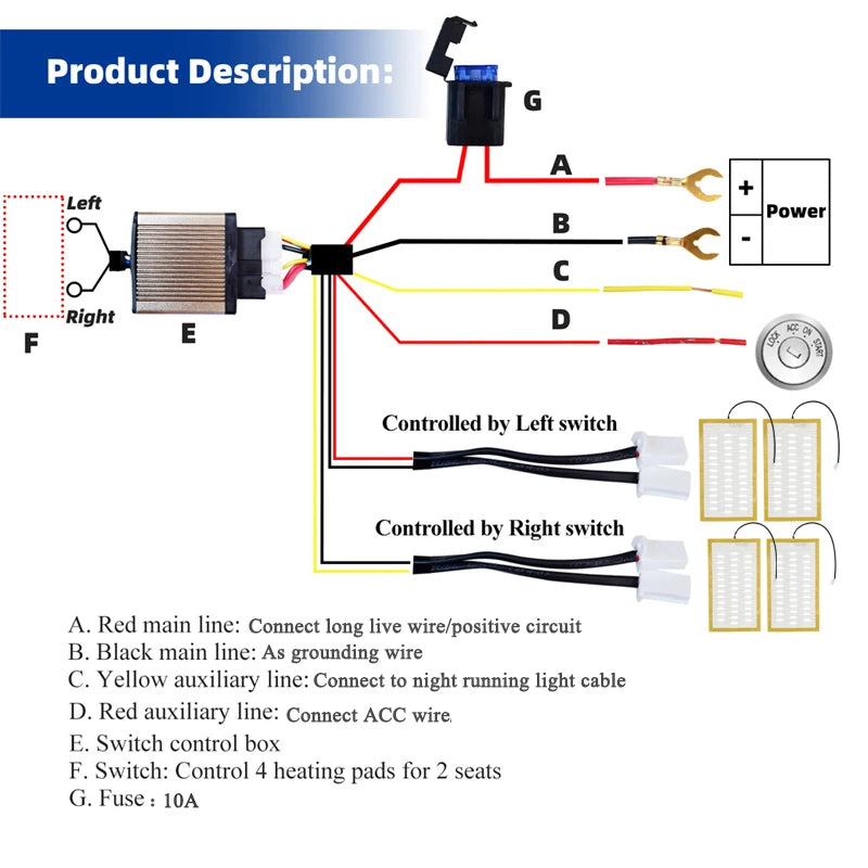Universal Built-In Car Seat Heater Kit Fit 2 Seats 12V Alloy Wire Heating Pads 3 Levels Dual Control Heated Switch System