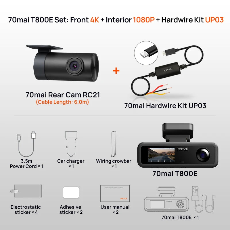 70mai t800e 3-Channel Front 4k + rear 1080p + interior 1080p HDR supercapacity GPS WiFi 6 70mai t800e dash cam voice control