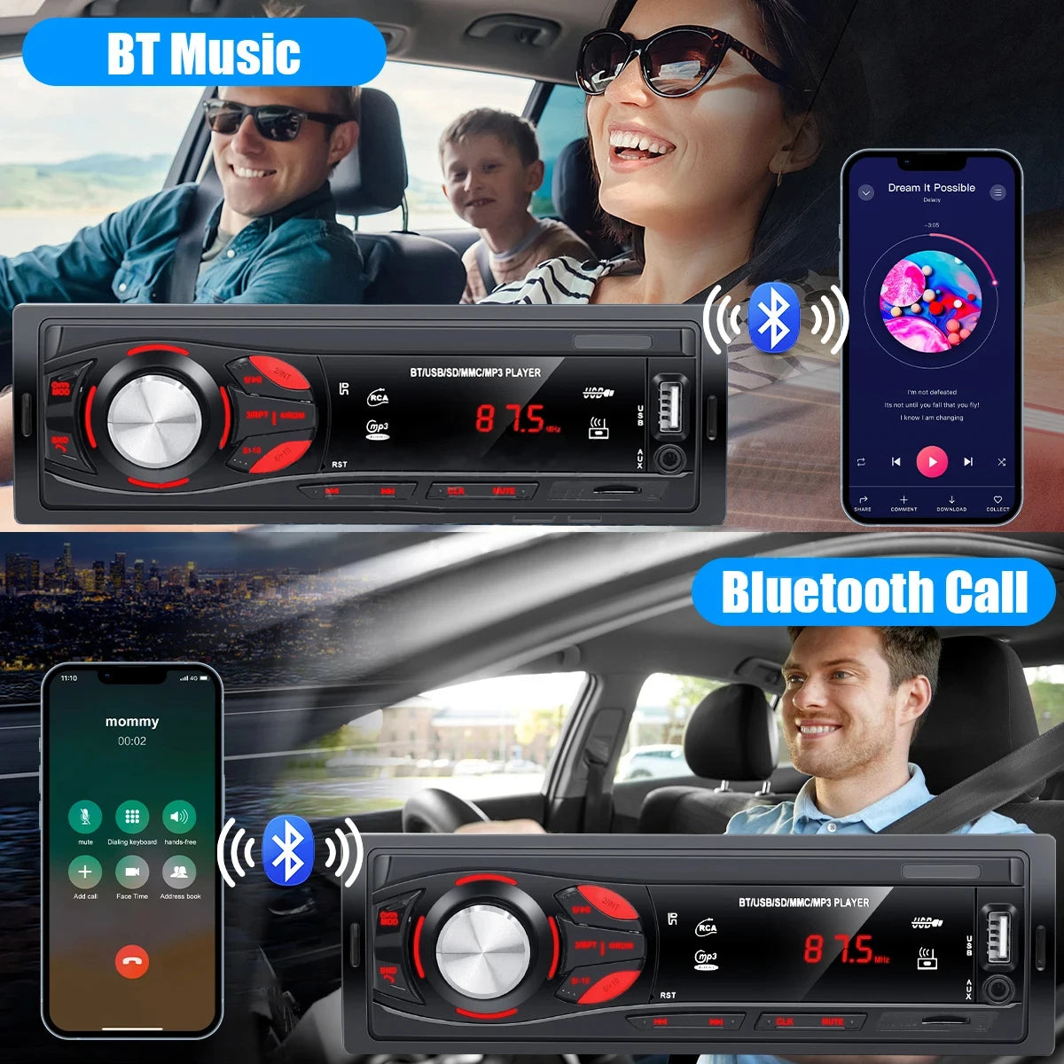 PHONEPACE Bluetooth Car Stereo 4x15W Car Audio FM Radio MP3 Player USB/SD/AUX Hands Free Calling with Wireless Remote Control