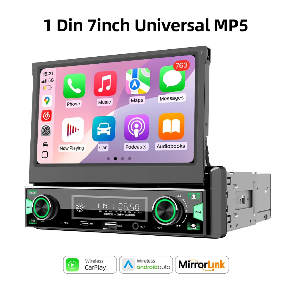 1Din 7'' MP5 Radio Player Automatic Retractable Screen Wireless Carplay Android Auto Multimedia FM AM RDS USB Type-C Car Stereo