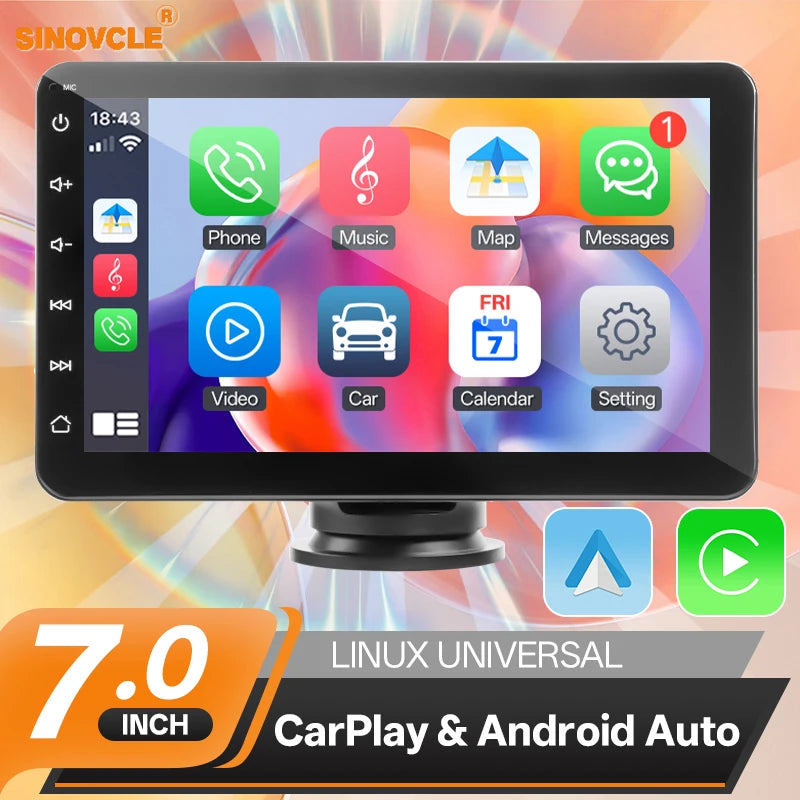 SINOVCLE 7" Portable Wireless Carplay Android Auto Car Radio Multimedia Player IPS Touch Screen AUX  USB Bluetooth Mirror Link
