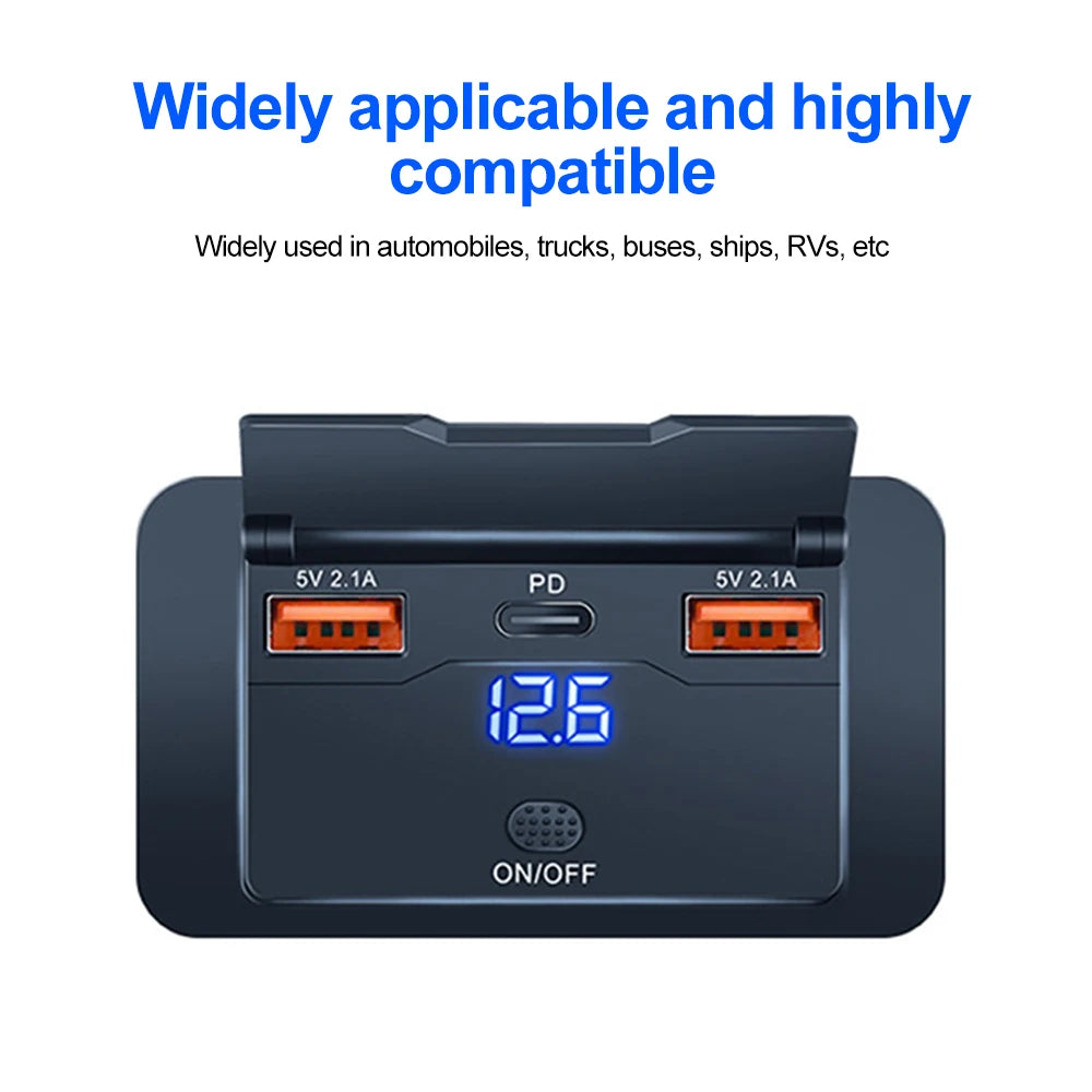 12/24V Car USB Adapter Socket Panel Wall Mount Dual PD3.0 & Dual QC3.0 Fast Charging Outlet Waterproof Car Charger Accessories