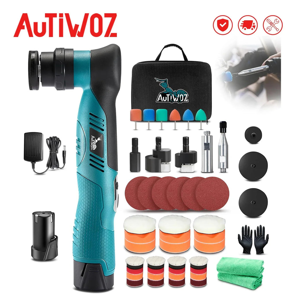 AUTIWOZ Cordless Mini Polisher 6-Speed Quick Change 1/3in 12mm & 3mm Dual Action Rotary 2.0Ah Battery Car Detailing Buffer