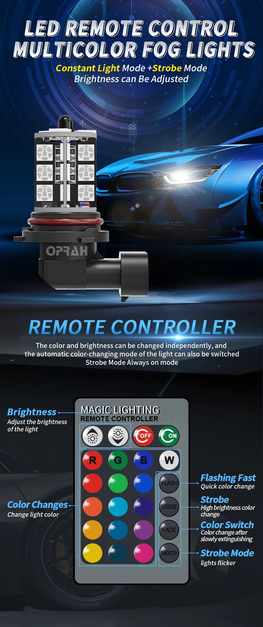 2pcs LED Car RGB Fog Lights LED H7 H1 H3 H4 H11/H8/H9 9005/HB3 9006/HB4 H27/880 H27/881 Headlight DRL Lamps With Remote Control