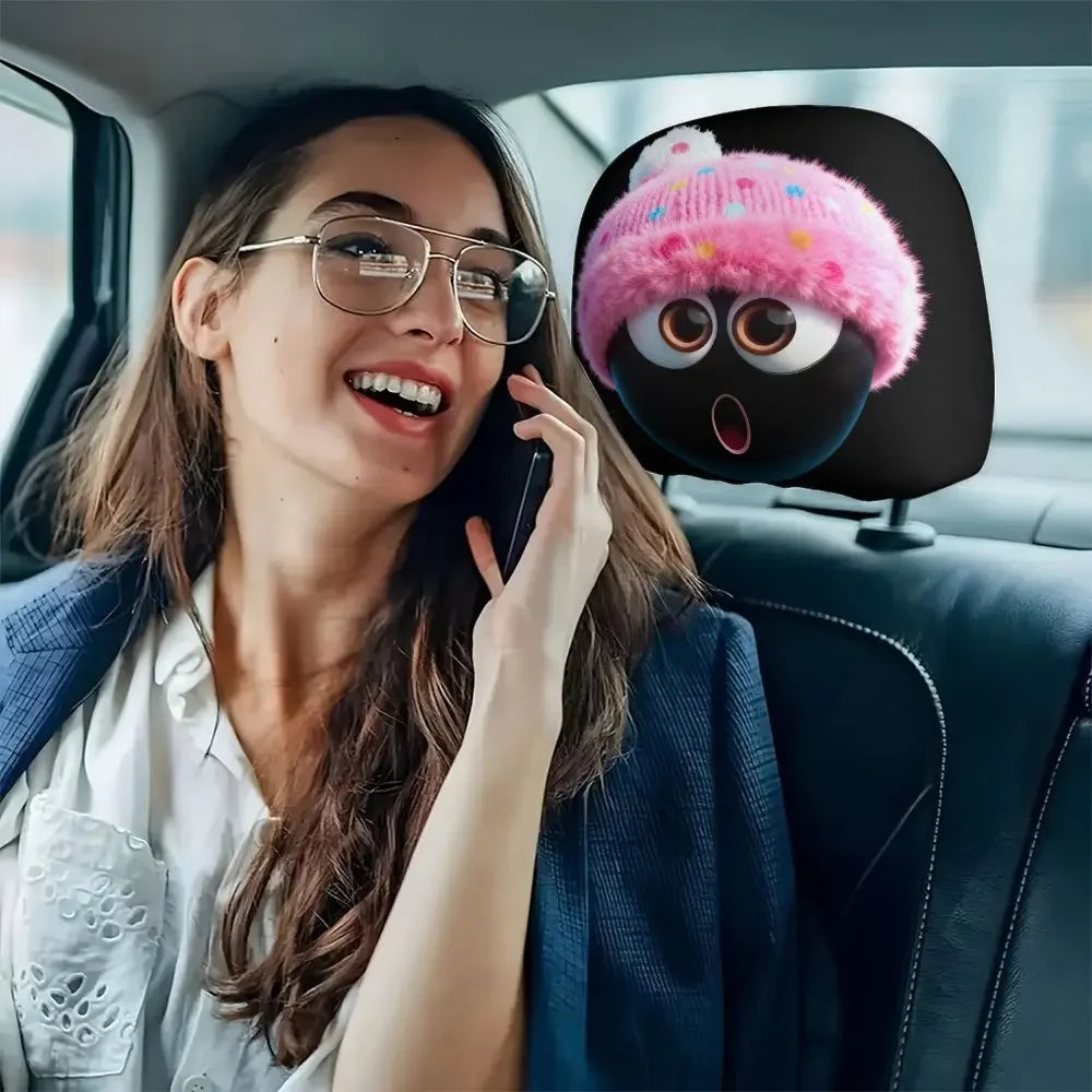 Winter limited edition surprise expression Pink plush hat General Motors headrest cover 2pcs, New Year gift, cute cartoon style