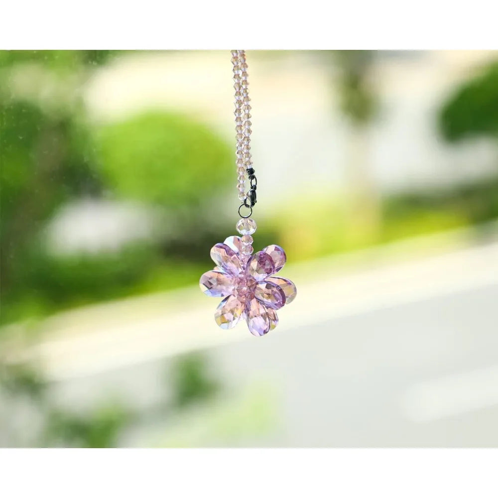Crystal Flower Car Rear View Mirror Pendant - Pink Crystal Beads Charm Decor for Women Interior