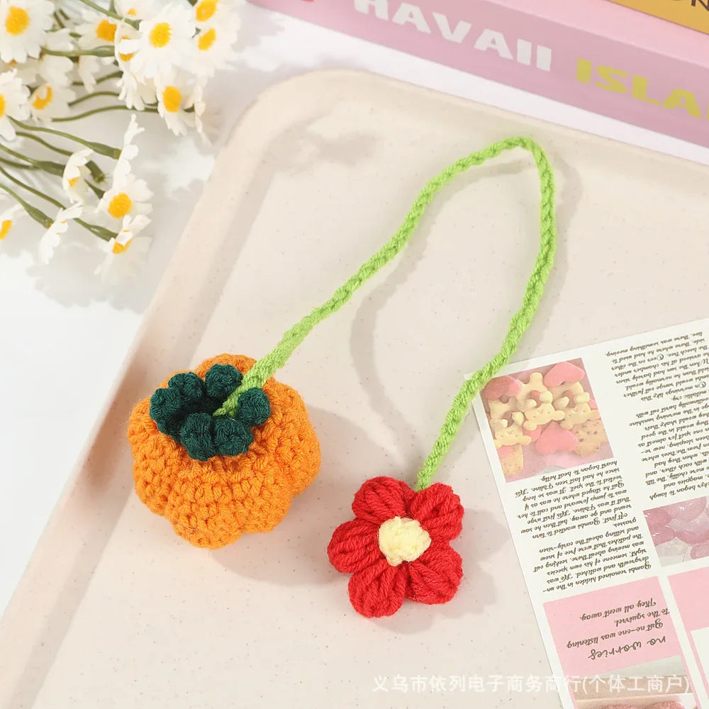 Cute Handmade Flower Knitted Pendant Strawberry Crocheted Car Decoration Rearview Pendant Bag Key Mirror Ornaments Girl Gift